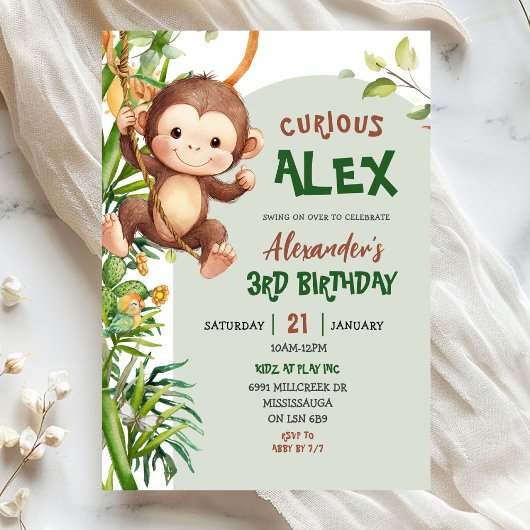 Green Curious Monkey Safari Theme Birthday Einladung