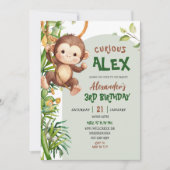 Green Curious Monkey Safari Theme Birthday Einladung (Vorderseite)