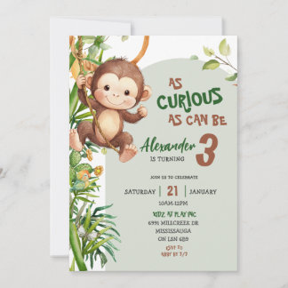 Green Curious Monkey Savannah Theme Birthday Einladung