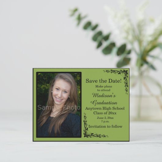 Green Custom Foto Abschluss Save the Date Card Postkarte (Stehend Vorderseite)