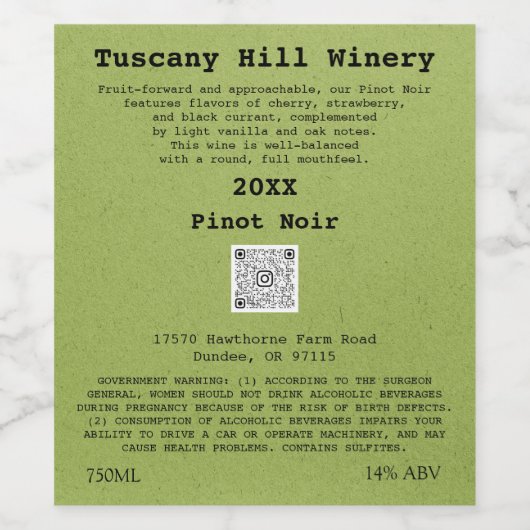 Green Custom QRCode LOGO Beschreibung Weinetikett (Einzelnes Label)