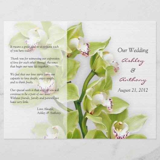 Green Cymbidium Orchid Floral Wedding Programm (Vorderseite)
