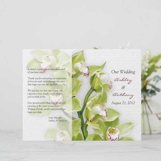 Green Cymbidium Orchid Floral Wedding Programm (Stehend Vorderseite)