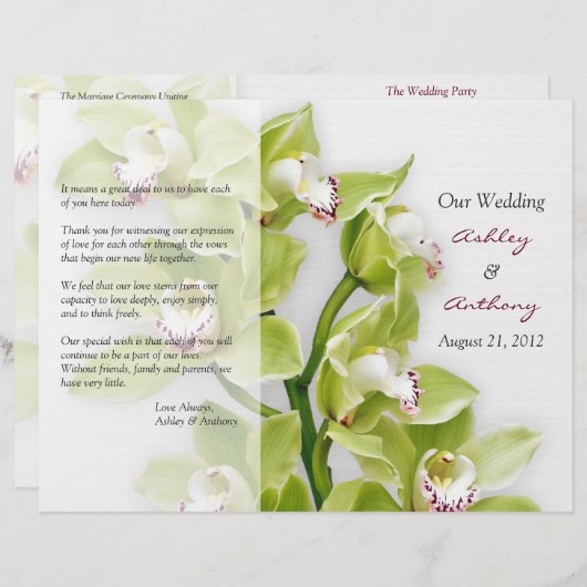 Green Cymbidium Orchid Floral Wedding Programm (Vorne/Hinten)