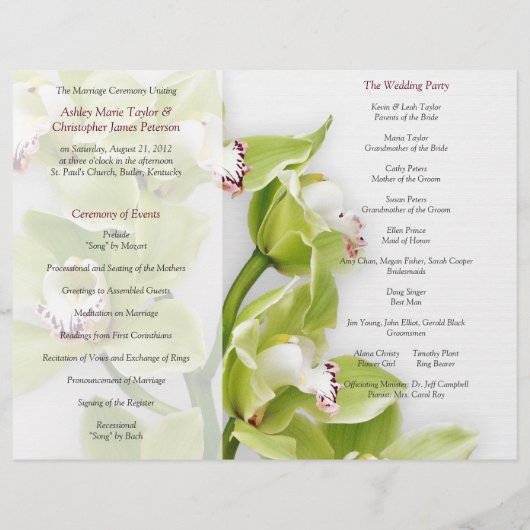 Green Cymbidium Orchid Floral Wedding Programm (Rückseite)