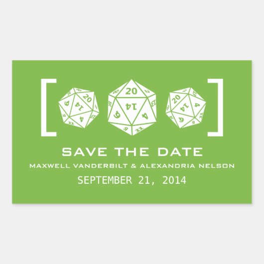 Green D20 Dice Gamer Save the Date Stickers (Vorderseite)