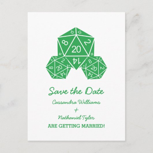 Green D20 Dice Save the Date Postkarte (Vorderseite)