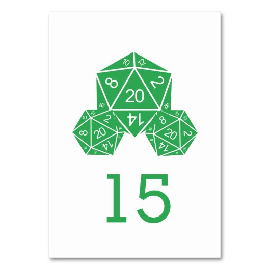Green D20 Dice Wedding Table Card Tischnummer (Rückseite)