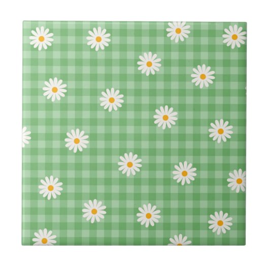 Green Daisy Kariert Gingham Karo Blume Pattern Fliese (Vorderseite)