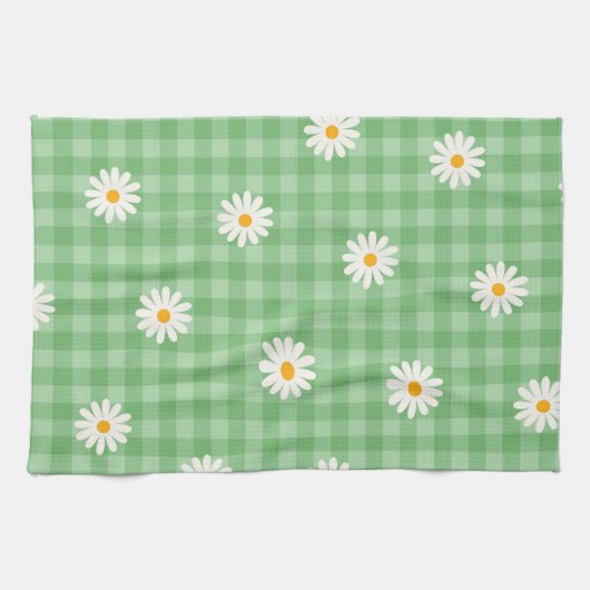Green Daisy Kariert Gingham Karo Blume Pattern Geschirrtuch (Horizontal)
