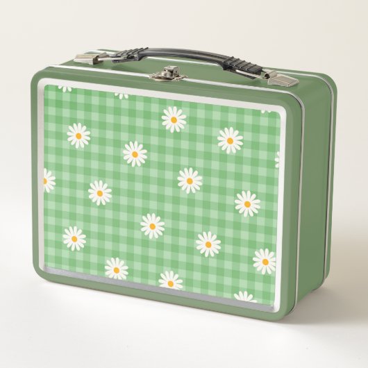 Green Daisy Kariert Gingham Karo Blume Pattern Metall Brotdose (Vorderseite)