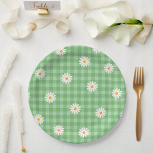 Green Daisy Kariert Gingham Karo Blume Pattern Pappteller