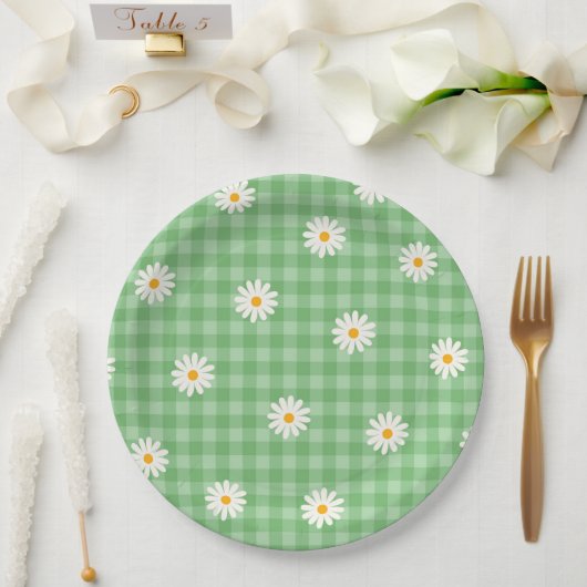 Green Daisy Kariert Gingham Karo Blume Pattern Pappteller (Hochzeit)