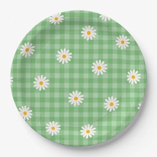 Green Daisy Kariert Gingham Karo Blume Pattern Pappteller (Vorderseite)