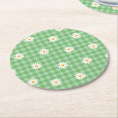 Green Daisy Kariert Gingham Karo Blume Pattern Runder Pappuntersetzer (Angewinkelt)
