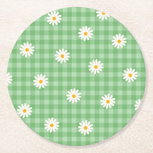 Green Daisy Kariert Gingham Karo Blume Pattern Runder Pappuntersetzer (Vorderseite)