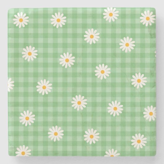 Green Daisy Kariert Gingham Karo Blume Pattern Steinuntersetzer (Vorderseite)