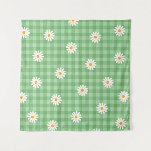 Green Daisy Kariert Gingham Karo Blume Pattern Wandteppich (Vorderseite (Horizontal))