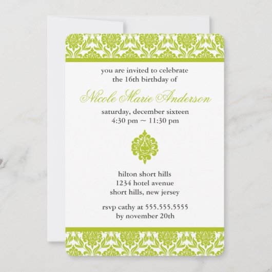 Green Damask 16 . Geburtstag Geburtstag Einladung (Vorderseite)