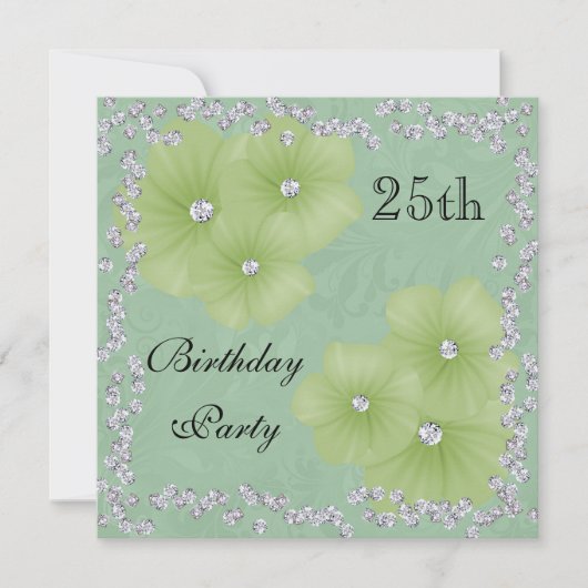 Green Damask & Blume 25. Geburtstag Einladung (Vorderseite)