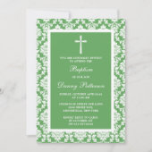 Green Damask Cross Taufen oder Christening Einladung (Vorderseite)