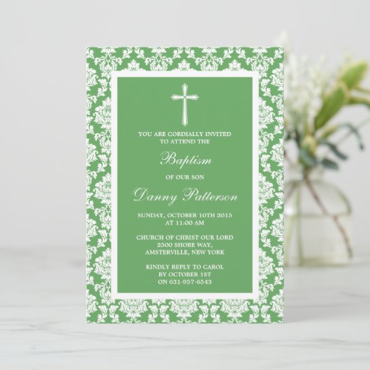 Green Damask Cross Taufen oder Christening Einladung (Stehend Vorderseite)