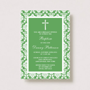 Green Damask Cross Taufen oder Christening Einladung