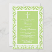 Green Damask Cross Taufen oder Christening Einladung (Vorderseite)