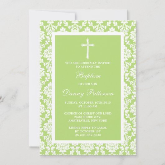 Green Damask Cross Taufen oder Christening Einladung (Vorderseite)