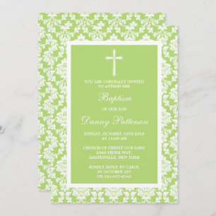 Green Damask Cross Taufen oder Christening Einladung