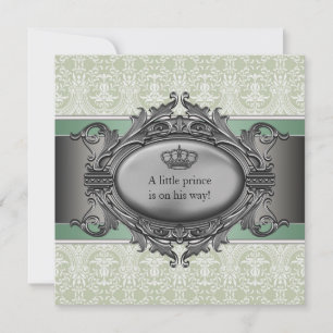 Green Damask Crown Litce Prince Boy Baby Dusche Einladung