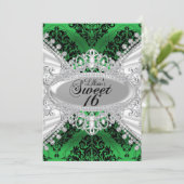 Green Damask & Diamond Tiara Sweet 16 Einladung (Stehend Vorderseite)