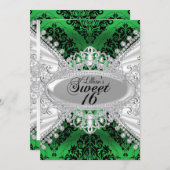 Green Damask & Diamond Tiara Sweet 16 Einladung (Vorne/Hinten)