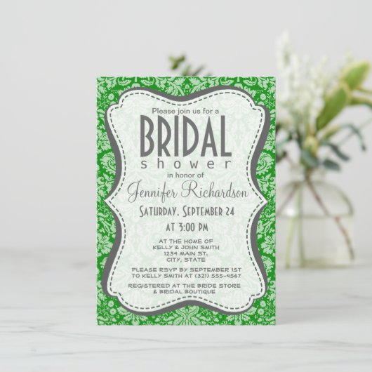 Green Damask Einladung (Stehend Vorderseite)