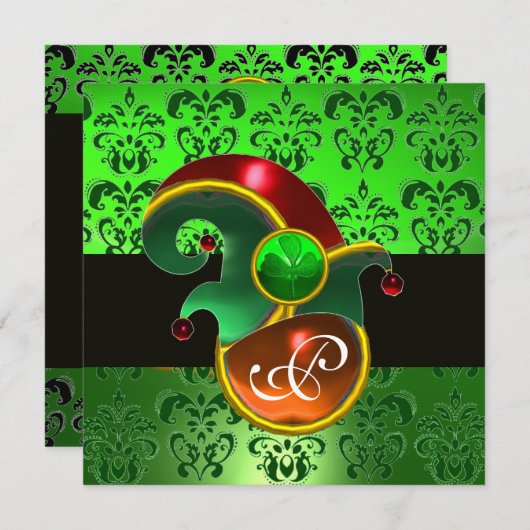 GREEN DAMASK ,ELF HAT ST.PATRICK'S PARTY MONOGRAM EINLADUNG (Vorne/Hinten)