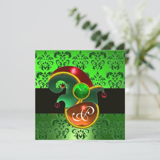 GREEN DAMASK ,ELF HAT ST.PATRICK'S PARTY MONOGRAM EINLADUNG (Stehend Vorderseite)