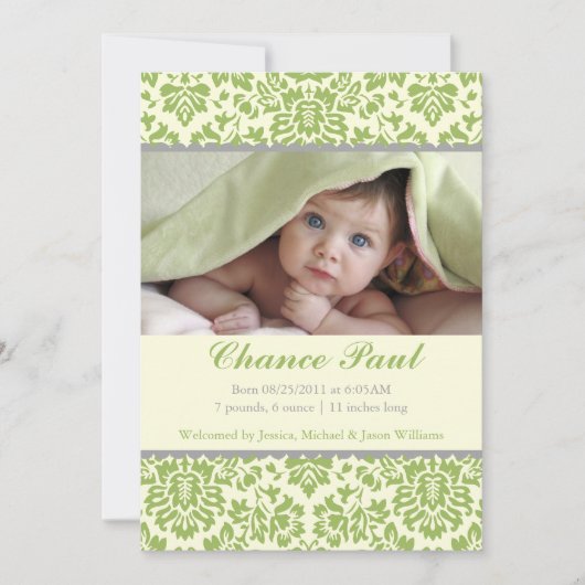 Green Damask Geburtserklärung Ankündigung (Vorderseite)