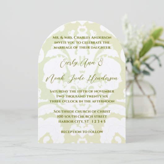 Green Damask Hochzeitseinladungen Einladung (Stehend Vorderseite)