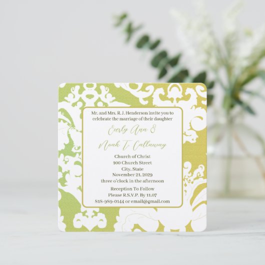 Green Damask Hochzeitseinladungen Einladung (Stehend Vorderseite)