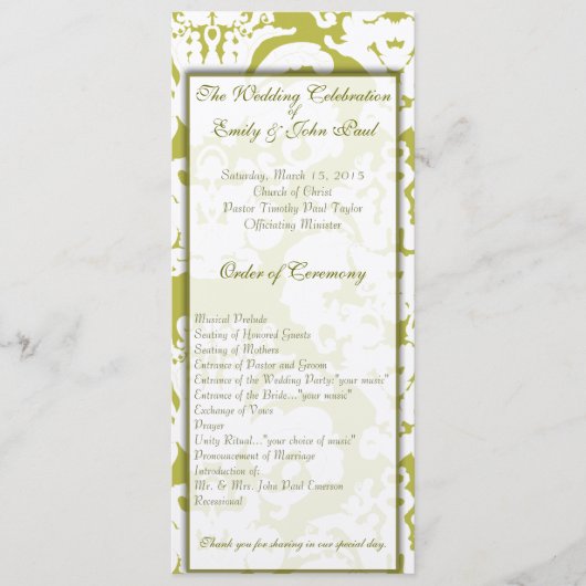 Green Damask Hochzeitseinladungen Programm (Vorderseite)