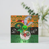 GREEN DAMASK ,JEWEL OWL ,ELF HAT,DIAMOND FEATHERS EINLADUNG (Stehend Vorderseite)