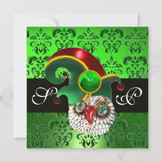 GREEN DAMASK ,JEWEL OWM MIT ELF HAT MONOGRAM EINLADUNG (Vorderseite)