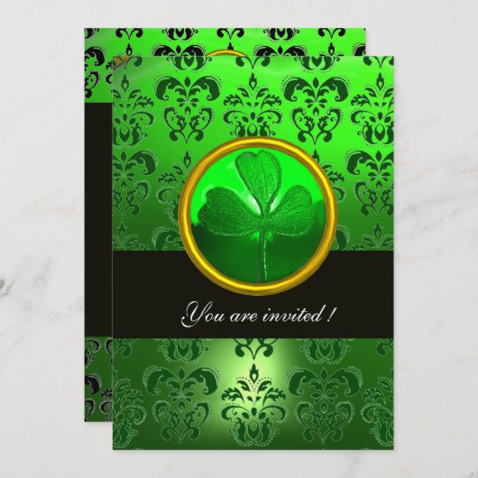 GREEN DAMASK MIT KLEEBLATT, schwarz Einladung (Vorne/Hinten)