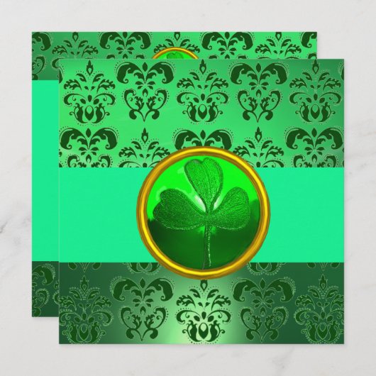 GREEN DAMASK MIT KLEEBLATT, schwarz Einladung (Vorne/Hinten)