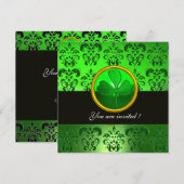 GREEN DAMASK MIT KLEEBLATT, schwarz Einladung (Vorne/Hinten)