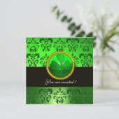 GREEN DAMASK MIT KLEEBLATT, schwarz Einladung (Stehend Vorderseite)
