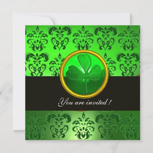 GREEN DAMASK MIT KLEEBLATT, schwarz Einladung (Vorderseite)