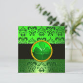 GREEN DAMASK MIT KLEEBLATT, schwarz Einladung (Stehend Vorderseite)
