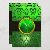 GREEN DAMASK MIT KLEEBLATT, schwarz Einladung (Vorne/Hinten)