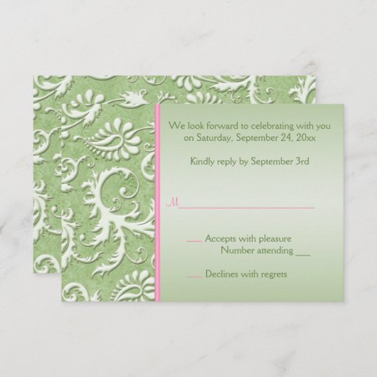 Green Damask mit rosa Antwortkarte RSVP Karte (Vorne/Hinten)
